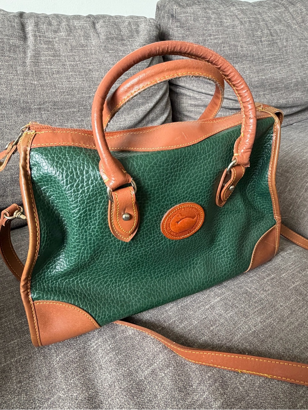 Dooney & Bourke Green and Tan Leather Satchel